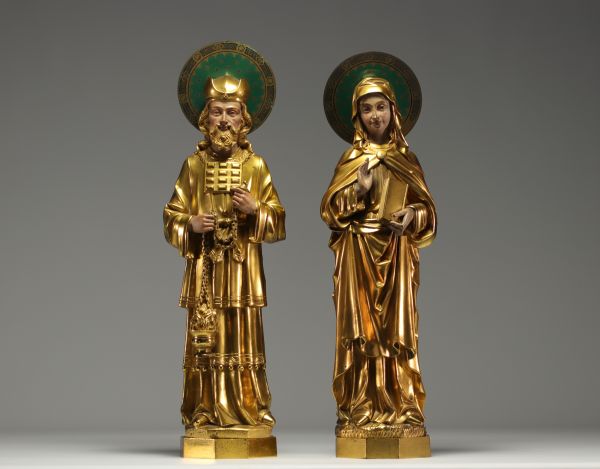 ‘Virgin and Orthodox Priest’ Rare set of two polychrome ormolu sculptures, 19th century.