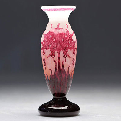 Le Verre Français acid-etched vase decorated with pink rhododendrons on a white background