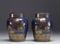 A pair of powder blue porcelain covered vases, decorated with roosters and flowers in gold, Qing dynasty, 19th century.