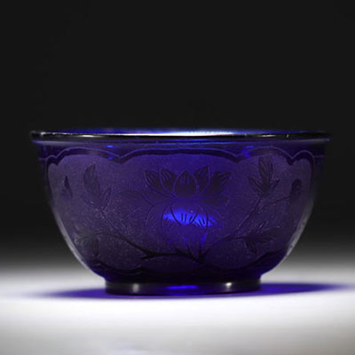 China - Blue Peking glass bowl, Qing dynasty, 4-character mark.