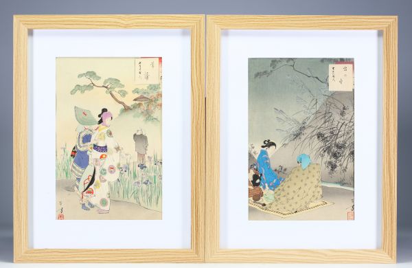 Japon - Ensemble de deux estampes sur papier représentant des élégantes à la promenade.