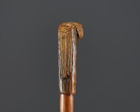 Carved wooden cane with parrot head motif, glass eyes.