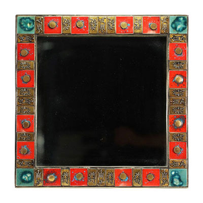 Square mirror in enameled ceramic and gilded brass, circa 1950-60.