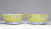 Pair of Famille Rose porcelain bowls decorated with flowers on a yellow background from 19th century