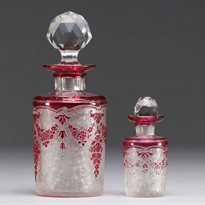 Val Saint Lambert - Set of two bottles in acid-etched multi-layered glass.