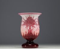 Le Verre Français - Acid-etched multi-layered glass vase decorated with rhododendrons, signed.