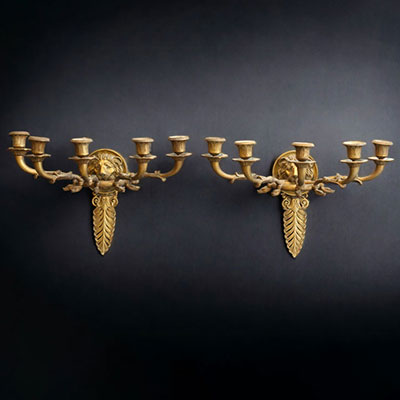 A pair of Empire style ormolu sconces decorated with palmettes and lion heads.