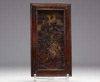 Japan - Pair of small carved wooden panels, bronze figures, filigree frames, Meiji period.