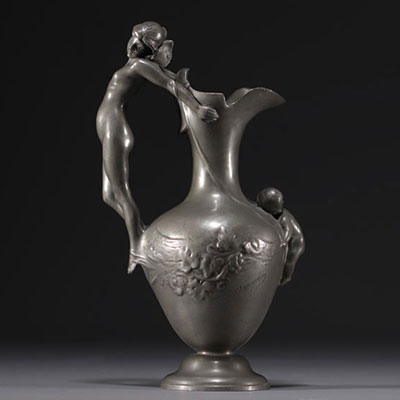 AKERMAN - Pewter jug vase with elf and baby design, circa 1900.