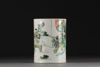China - Green family porcelain brush pot decorated with figures and landscapes, Kangxi.