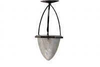 Henri MOUYNET (XIX-XX) Art Deco suspension lamp in hammered silver-plated metal and ogee-shaped globe in pressed moulded glass with stylised decoration, signed.