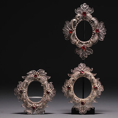 Rare set of three small silver frames with filigree and cut glass.