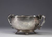 Hung Chong & Cie, large solid silver bowl with engraved landscape decoration, dragon-shaped handles, over 100 years old