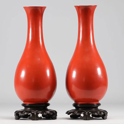 Pair of coral colored Fuzhou lacquer vases