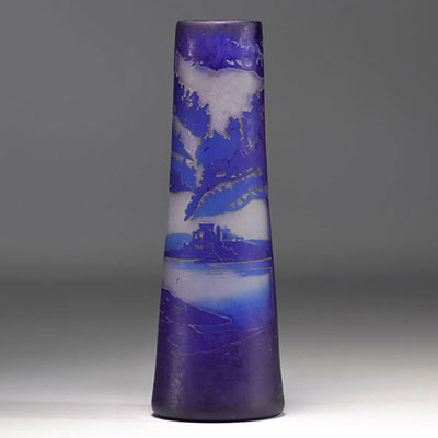 MICHEL MALHERBE, A. DELATTE Nancy multi-layer vase decorated with a blue lacustrine landscape