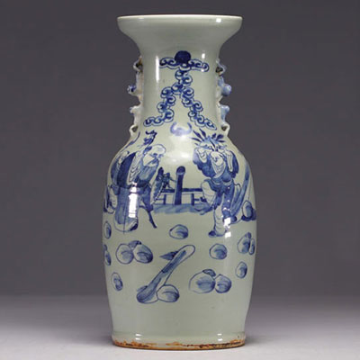 China - A blue-white porcelain vase on a celadon background decorated with figures, 19th century.