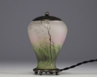 DAUM Nancy - Enamelled glass night-light decorated with a forest in the rain and wind, metal structure, signed in the decoration.