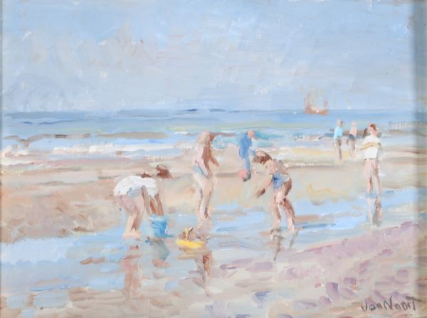 Adrianus VAN NOORT (1914-2003) “Children at the beach” Oil on canvas, 20th century.