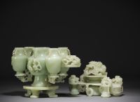 China - Large jade sculpture of covered pots decorated with dragons.