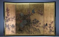 Japan - Screen with floral and bird decoration painted on gold leaf.