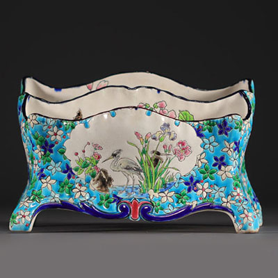 Longwy - Letter case in earthenware and enamels decorated with heron, titmouse and flowers, 19th century.