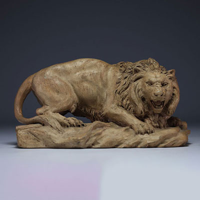 P. HUYGENS ‘Lion belge, Atelier d'art Bruxelles’ Terracotta sculpture, late 19th century.