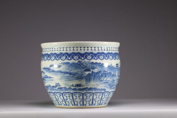 China - A white-blue porcelain fish tank with landscape decoration, the upper part decorated with a frieze of ruyi.