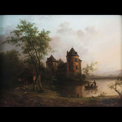 ‘At the edge of the pond' oil on mahogany panel, 19th century, no visible signature.