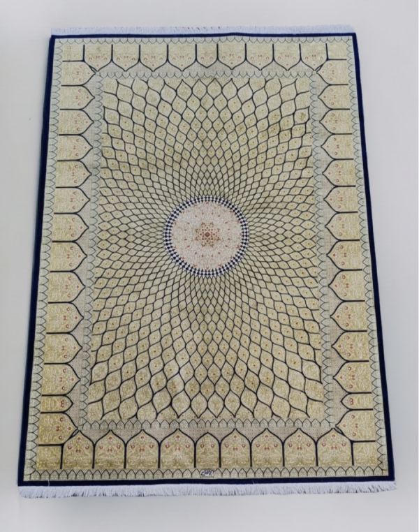 Perse/Iran - Tapis d'Orient en soie naturelle beige et bleu, Karimi.