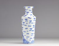 A white and blue porcelain vase decorated with five-clawed dragons from the Qing-period (清朝)