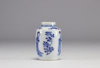 A small white and blue vase decorated with flowers and women in traditional dress from the Kangxi period (1661-1722) with a mark under the piece