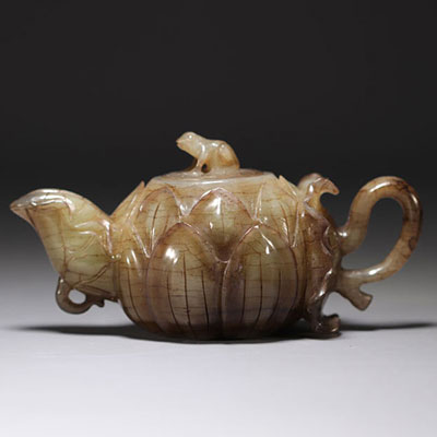 China - Lotus-shaped green/brown jade teapot, frog-shaped fretel.