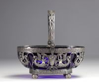 Empire style silver openwork basket, cobalt blue glass bowl, 19th century.