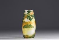 DEVEZ - Camille Trutié de Varreux (1872-1942) Acid-etched multi-layered glass vase with country decor, signed.