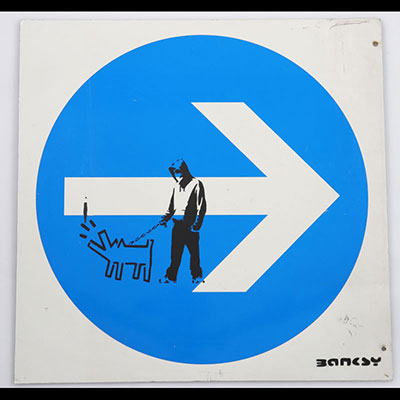 BANKSY (after) - Barking Dog Spray paint & stencil on metal traffic sign - Stenciled 