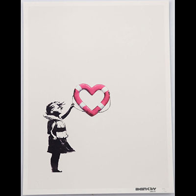 Banksy (after) Full color screenprint from Banksy - Girl with heart-shaped float on pink background