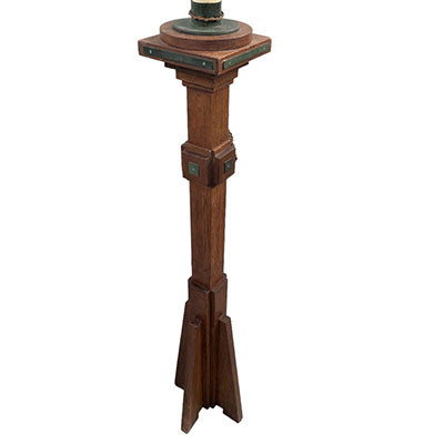 Art Nouveau oak lamp with appliqué from France, circa 1910