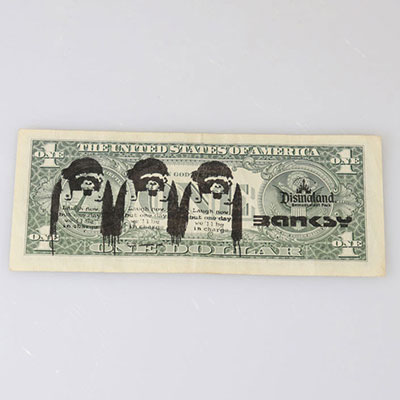 BANKSY (born 1974), after Dismal dollar Seals on genuine dollar bill Stamp of the signature and stamp of Dismaland on the right