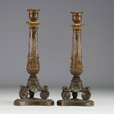 A pair of candlesticks in bronze with a double patina from the Charles X period.