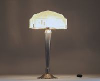 J. ROBERT - Large Art Deco table lamp in nickel-plated bronze and stylized glass dome, unsigned.