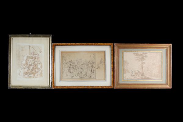 Italian school, set of three pen and wash drawings, antique scenes and landscape, 18th century.