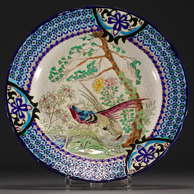 Longwy - Large earthenware and enamel plate decorated with pheasants, 19th century