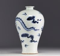 Chine - Vase Meiping en porcelaine blanc bleu à décor de dragon.