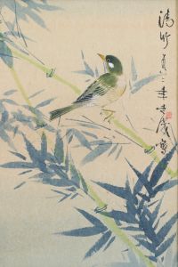 Japan - Pair of prints decorated with birds, artist's stamp.