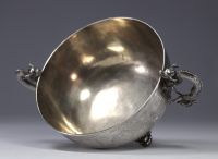 Hung Chong & Cie, large solid silver bowl with engraved landscape decoration, dragon-shaped handles, over 100 years old