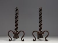 Raymond SUBES (1891-1970) in the style of - Pair of wrought iron andirons, circa 1940-50