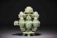 China - Large jade sculpture of covered pots decorated with dragons.