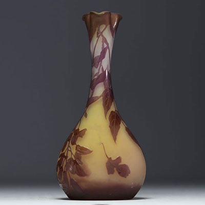 Émile GALLÉ (1846-1904) Acid-etched multi-layered glass three-lobed neck vase with wisteria design, signed.