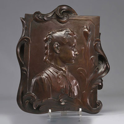 Art Nouveau bronze plaque bust of a young woman