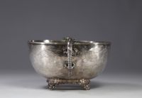 Hung Chong & Cie, large solid silver bowl with engraved landscape decoration, dragon-shaped handles, over 100 years old